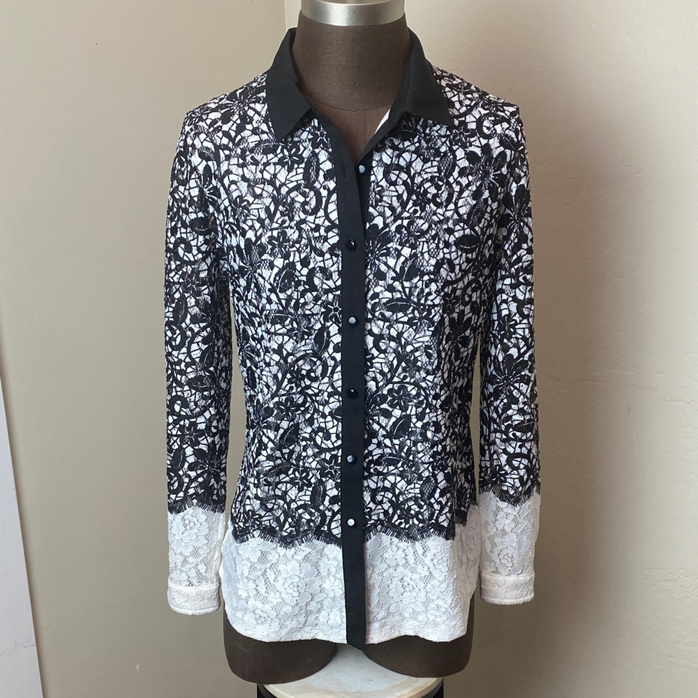 Charter Club Black and White Lace Button Down Shirt